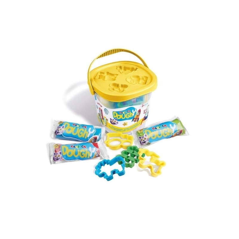 Carioca Doughy Cube avec 3 paquets de pâte à modeler 50gr + 4 moules - Souple et flexible - Facile à pétrir et à mouler - Idéal
