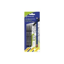 Pacote escolar Bismark com 3 marcadores pretos calibrados 0,2, 0,4, 0,8 mm, caneta HB, borracha, apontador de lápis