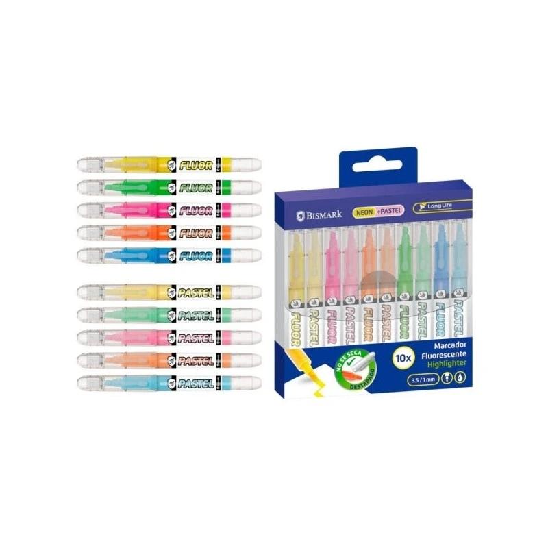 Bismark Long-Life Pack of 10 Highlighters - 5x Neon and 5x Pastel - Liquid Ink - Chisel Tip - Ideal for Underlining and