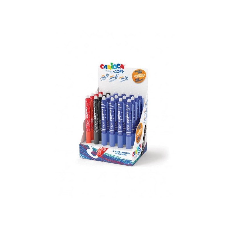 Carioca Oops Expositor de 24 Boligrafos Borrables Retractiles - Tinta Termo Sensible - Empuñadura Ergonomica Triangular - Punta