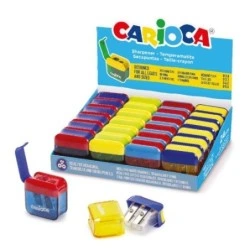 Carioca Expositor con 24 Minisacapuntas de 2 Orificios con Deposito - Tapon de Seguridad en la Cuchilla - Colores Aleatorios