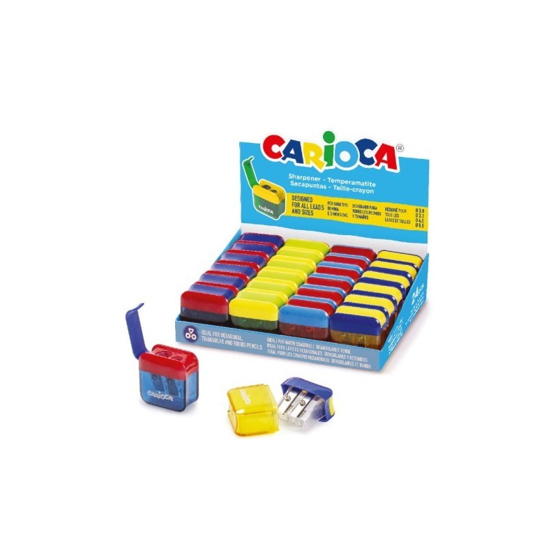 Carioca Display with 24 2-Hole Mini Pencil Sharpeners with Deposit - Safety Cap on the Blade - Assorted Random Colors
