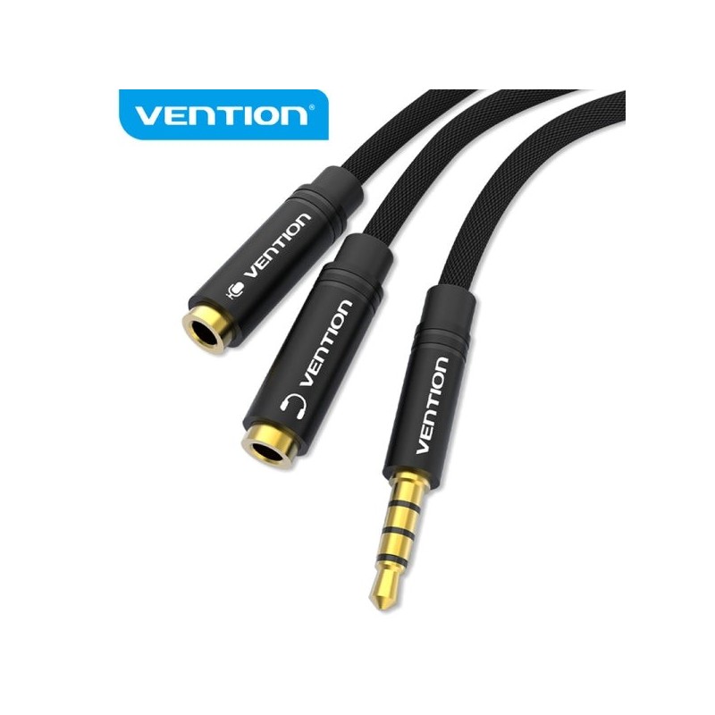 Vention Cable Divisor de Audio - Sincronizacion de Audio y Microfono - Tela Trenzada - Conector Escalonado - Color Negro