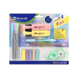 Bismark Pastel Pack Scolaire avec Crayon, Stylo, 2 Surligneurs, Ruban Correcteur, Marque-Pages Pet et 3 Feutres 0.44mm