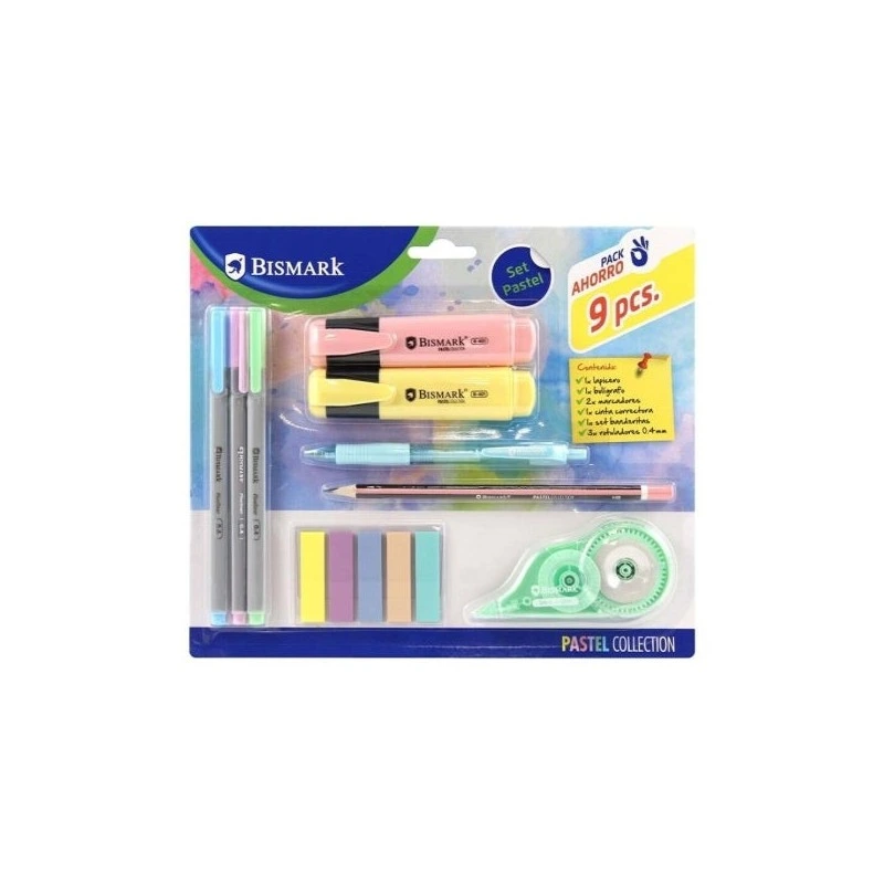 Bismark Pastel Pack Escolar con Lapicero, Boligrafo, 2 Marcadores, Cinta Correctora, Set Banderitas Pet y 3 Rotuladores 0.44mm
