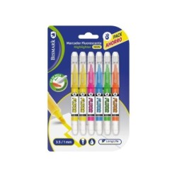 Bismark Long-Life Pack de 6 Marqueurs Fluorescents Néon - Encre Liquide - Pointe Biseautée - Idéal pour Souligner et Surligner