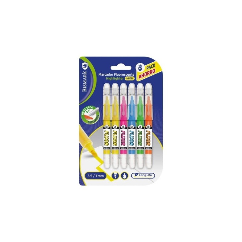 Bismark Long-Life Pack of 6 Neon Highlighter Markers - Liquid Ink - Chisel Tip - Ideal for Underlining and Highlighting