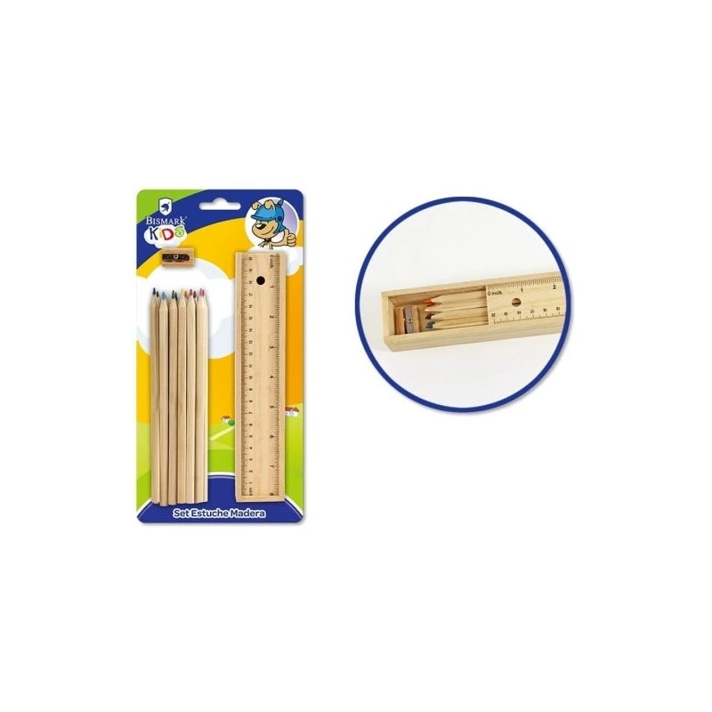 Bismark School Pack with Wooden Case with Ruler Cover, 12 Colored Pencils and Sharpener
