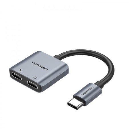 Conversor Vention USB-C macho para 2x USB-C fêmea (áudio e carregamento) - cor cinzenta