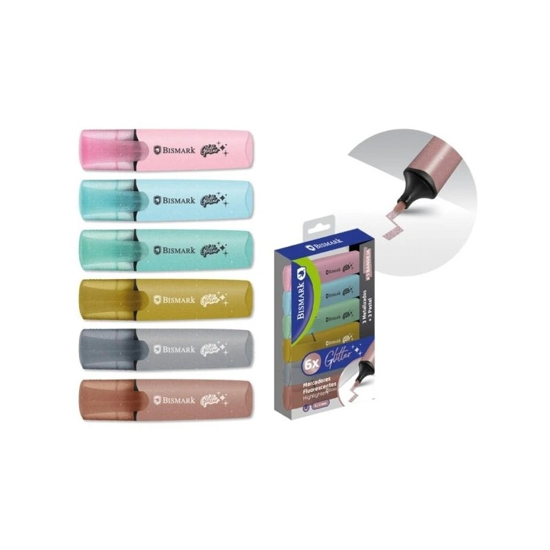 Bismark Pack de 6 Marqueurs Fluorescents Pailletés - 3x Pastel et 3x Métallisés - Encre à Séchage Rapide - Pointe Biseautée