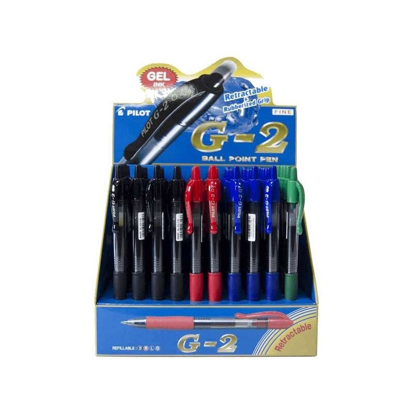 Présentoir à bille roulante Pilot G2 de 60 stylos à encre gel - Pointe 0,7 mm - Course 0,32 mm - Rechargeable - Prise