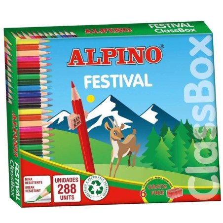 Alpino Festival Lot de 288 crayons de couleur hexagonaux - Mine 3 mm - 12 couleurs x 24 unités - Idéal pour les écoles