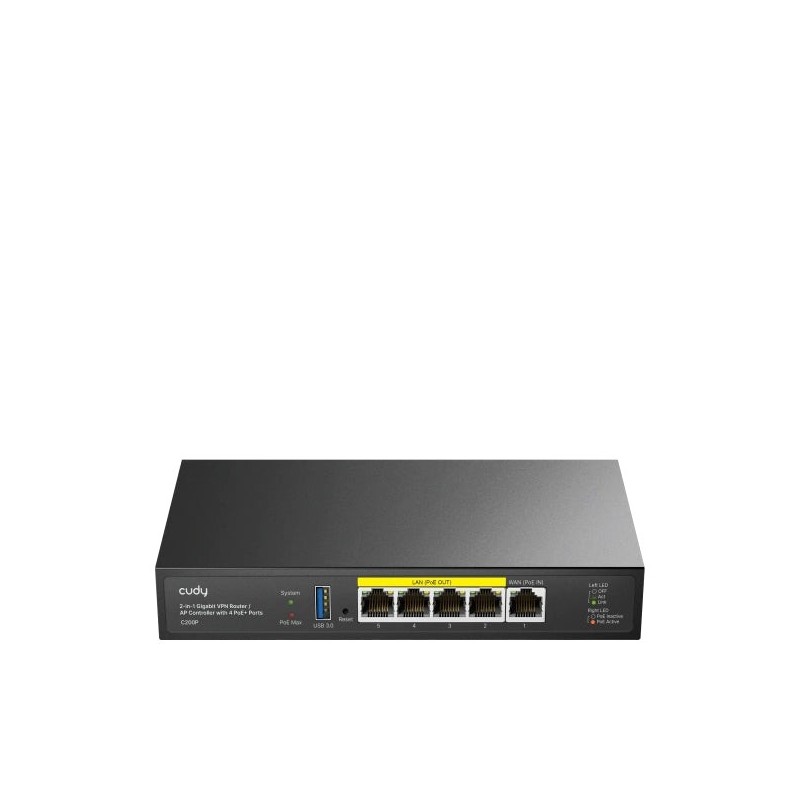 Cudy Router VPN - Ethernet 1Gbps - 4 Salidas GbE PoE - 60W - Administra hasta 200 Puntos de Acceso - USB 3.0 - Indicadores LED