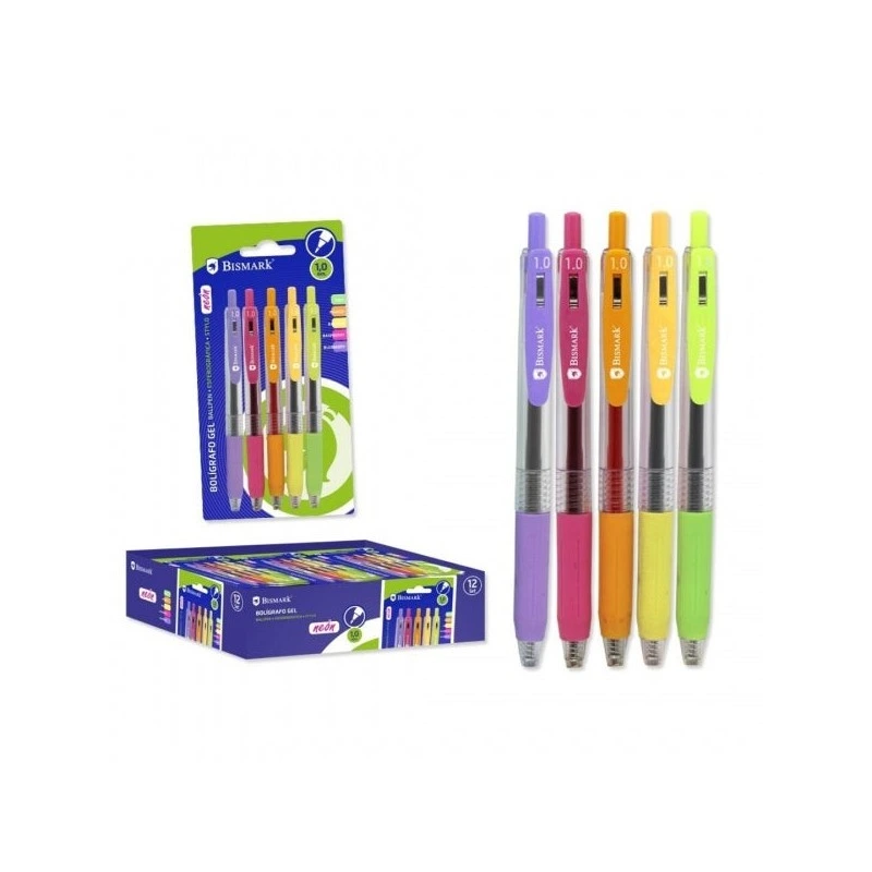 Bismark Pack de 5 Stylos à Bille Rétractables Encre Gel - Pointe 1.0mm - Écriture Douce - Couleurs Néon Assorties