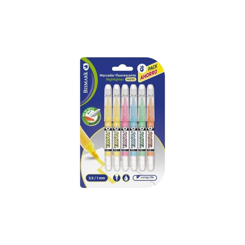 Bismark Long-Life Pack of 6 Pastel Highlighters - Liquid Ink - Chisel Tip - Ideal for Underlining and Highlighting - Assorted