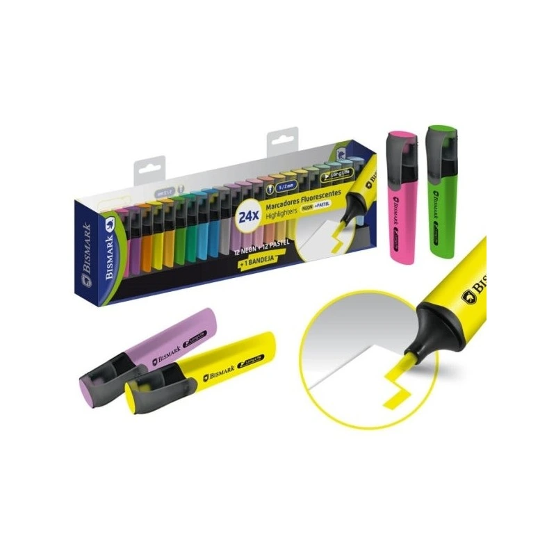 Bismark Pack of 24 Highlighters - Chisel Tip 2 - Approx 5mm - Water-Based Ink - Long Lasting - Assorted Neon and Pastel Colours
