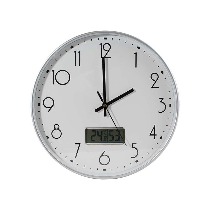 Bismark Office Clock with Digital Temperature and Humidity Marker - Black Numbers - Exterior Glass - Aluminum Hands - White