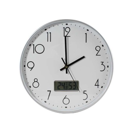 Bismark Office Clock with Digital Temperature and Humidity Marker - Black Numbers - Exterior Glass - Aluminum Hands - White