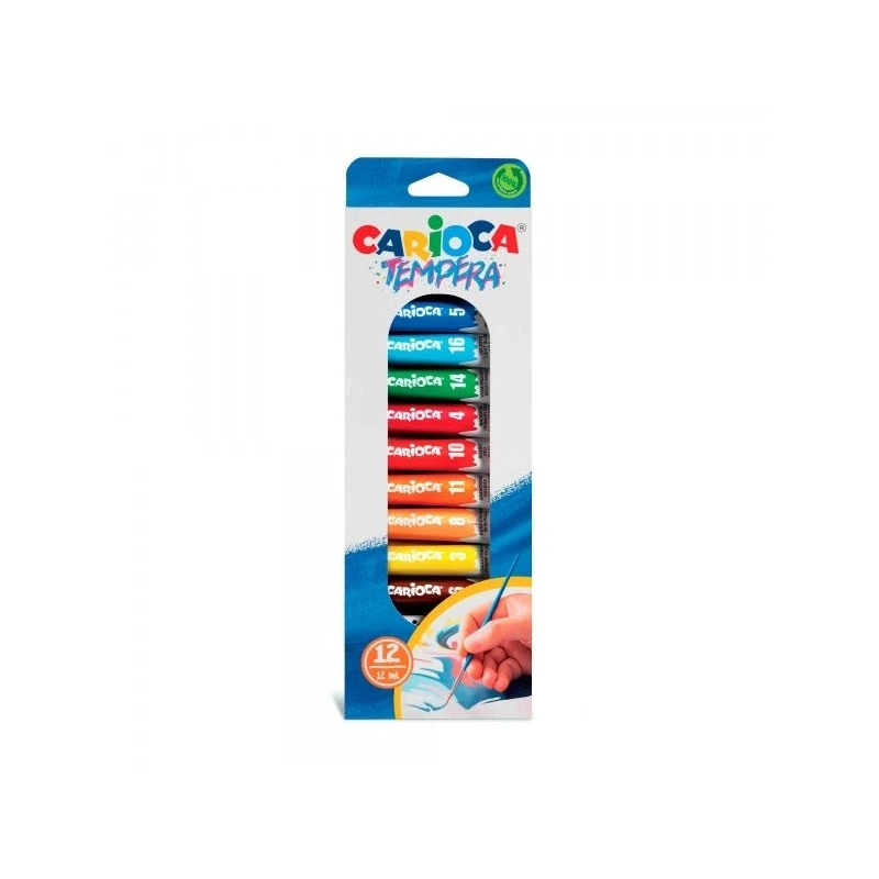 Carioca Pack of 12 Tempera Tubes 12ml - Super Washable Colors - High Covering Power - Applicable on Porous Materials - Assorted