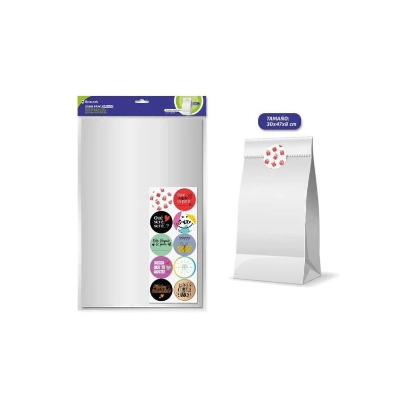 Bismark Pack de 10 Sobres Papel Kraft 50grs con 10 Pegatinas para Cierre - Medidas 30x47x8cm - Ideal para Regalos - Color Blanco