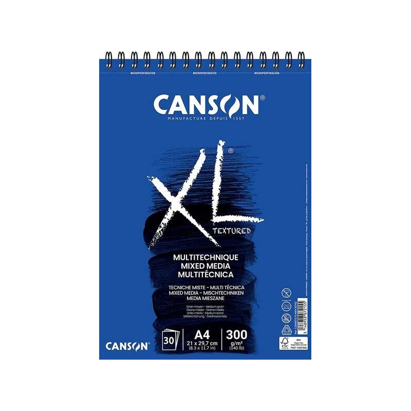 Canson Xl Mix Media Bloc de Dibujo Acuarela de 30 Hojas A4 - Grano Medio - Microperforado Espiral - 21x29.7cm - 300g - Color