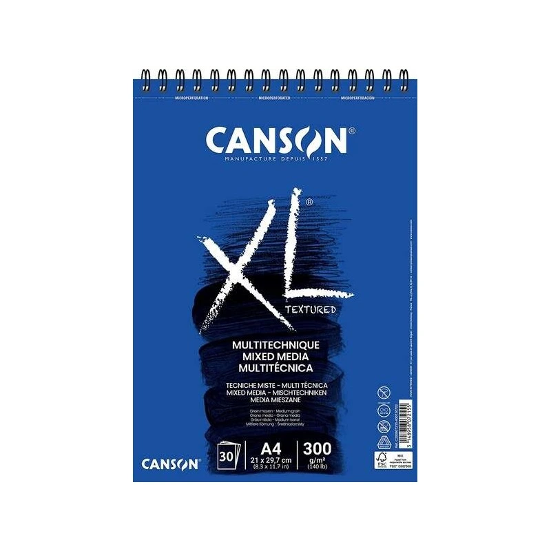 Canson Xl Mix Media Bloc de Dibujo Acuarela de 30 Hojas A4 - Grano Medio - Microperforado Espiral - 21x29.7cm - 300g - Color