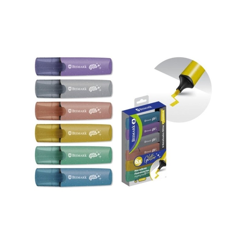 Bismark Pack de 6 Marcadores Fluorescentes Glitter Metalizados - Tinta de Secado Rapido - Punta Biselada - Ideal para Subrayar