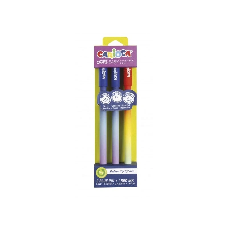 Carioca Oops Easy Pack de 3 Boligrafos Borrables con Punta de Ø 0.7mm - Tinta Termo Sensible - Cuerpo con Efecto Degradado