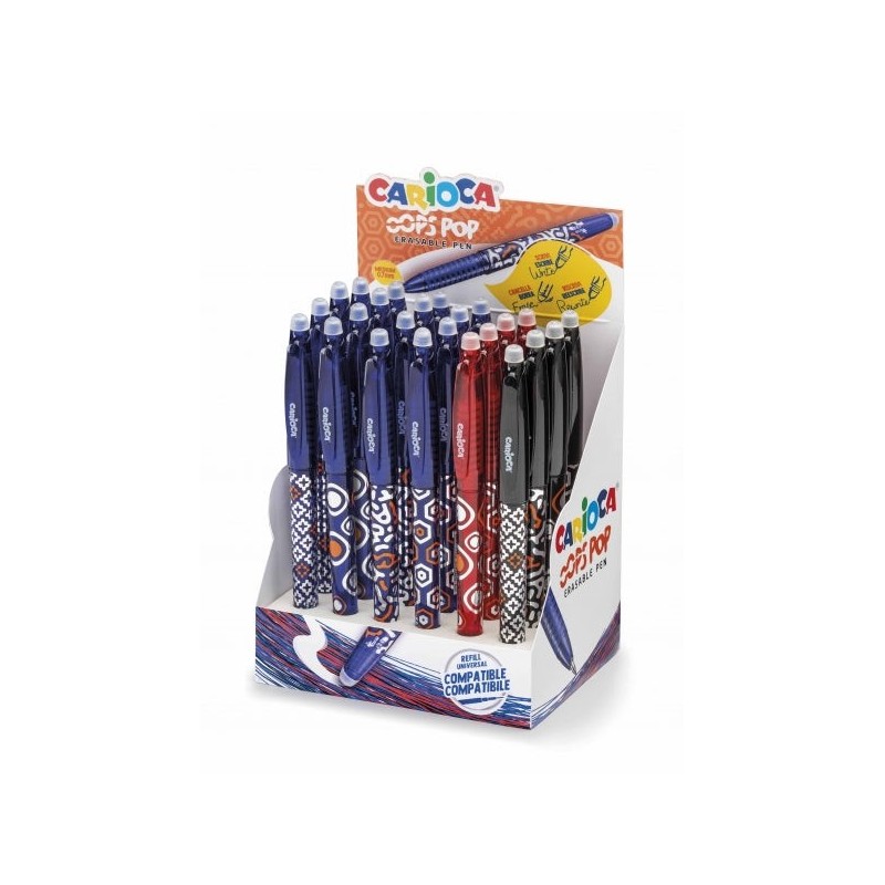 Carioca Oops Pop Expositor de 24 Boligrafos Borrables - Termo Sensible - Empuñadura Texturizada - Punta de Ø 0.7mm - Doble Goma