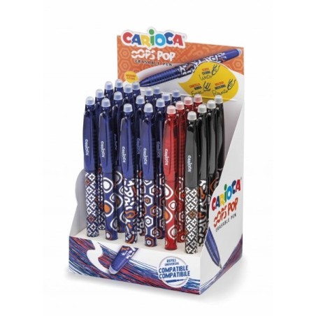 Carioca Oops Pop Display of 24 Erasable Pens - Thermo Sensitive - Textured Grip - Ø 0,7mm Tip - Double Rubber - Compatible