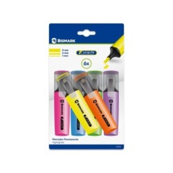 Bismark Long-Life Pack of 6 Neon Highlighter Markers - Fast Drying Ink - Chisel Tip - Ideal for Underlining and Highlighting