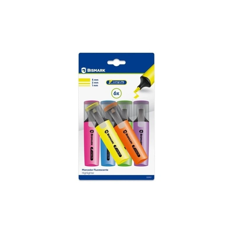 Bismark Long-Life Pack de 6 Marcadores Fluorescentes Néon - Tinta de Secagem Rápida - Ponta Biselada - Ideal para Sublinhar e
