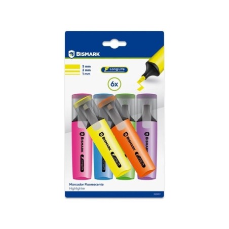 Bismark Long-Life Pack de 6 Marcadores Fluorescentes Néon - Tinta de Secagem Rápida - Ponta Biselada - Ideal para Sublinhar e