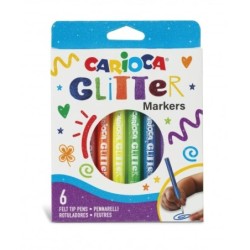 Carioca Glitter Boîte de 6 Feutres - Pointe Ø 1mm - Encre Liquide à Base d'Eau - Pointe de Haute Qualité - Effet Pailleté