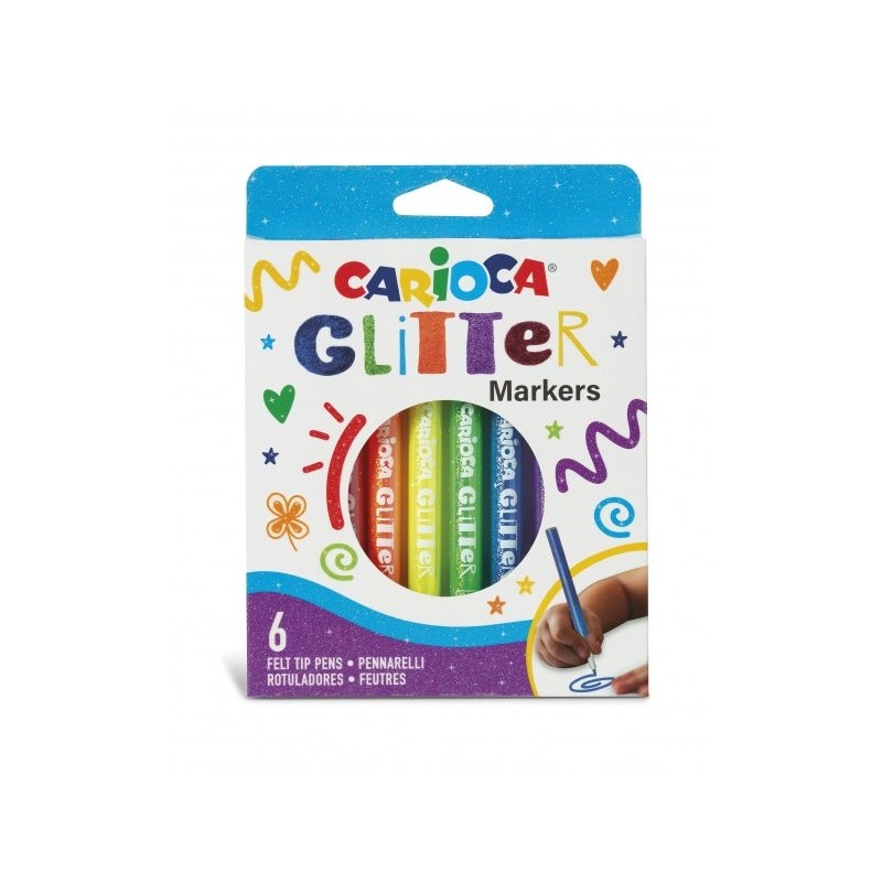Carioca Glitter Boîte de 6 Feutres - Pointe Ø 1mm - Encre Liquide à Base d'Eau - Pointe de Haute Qualité - Effet Pailleté