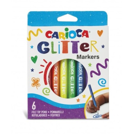 Carioca Glitter Boîte de 6 Feutres - Pointe Ø 1mm - Encre Liquide à Base d'Eau - Pointe de Haute Qualité - Effet Pailleté
