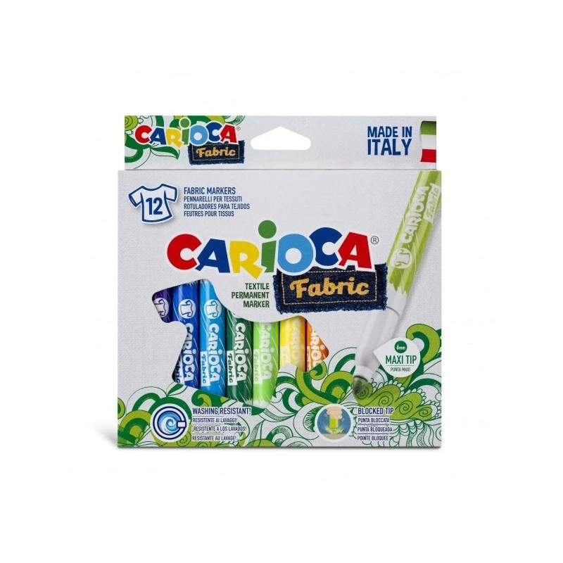 Carioca Fabric Pack de 12 Rotuladores para Tejidos - Punta Maxi Ø 6mm - Tinta Especial para Tejidos - Colores Indelebles