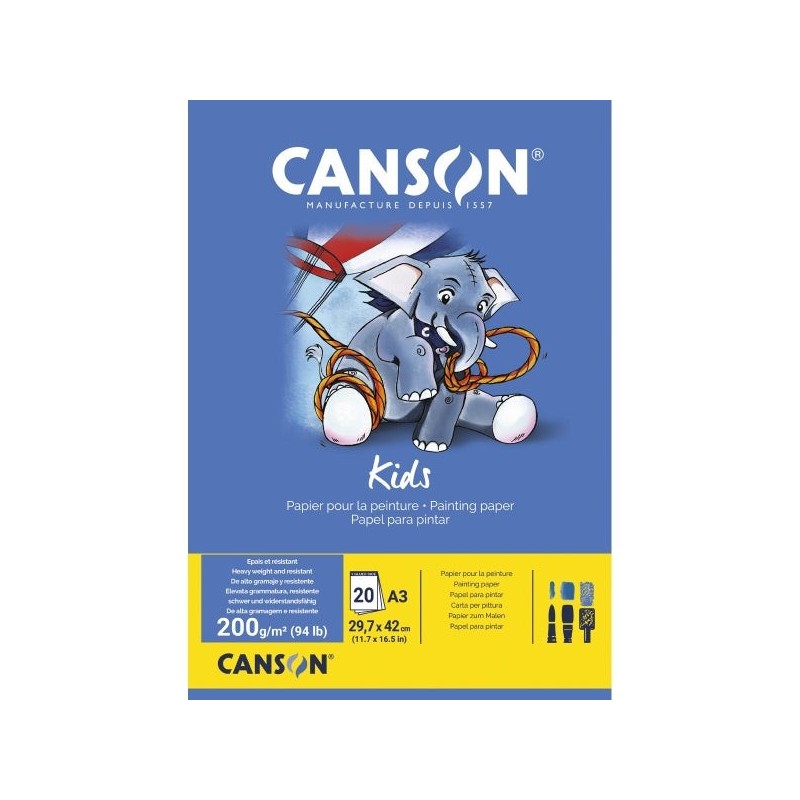 Canson Kids Bloc para Pintar A3 20 Hojas 200 g/m² - Grano Ligero - Certificado FSC - Color Blanco