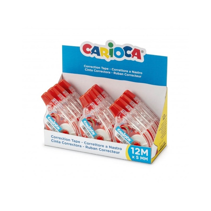 Fita Carioca Display de 12 Corretores - 12mx5mm - Cobertura - Você Pode Escrever Novamente Imediatamente - Cor Branca