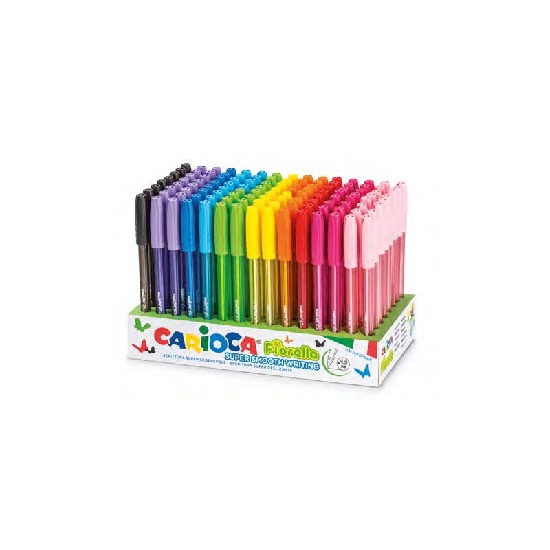 Carioca Fiorella Présentoir avec 120 Stylos à Bille de Couleurs Encre Gel - Pointe Bille 1mm - Corps Transparent de Couleurs