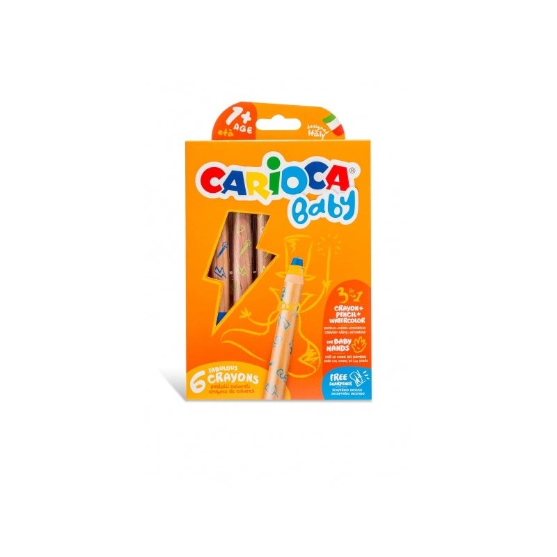 Carioca Baby 1+ Pacote 3 em 1 com 6 Lápis - Lápis de Cera e Aquarela em Um - Corpo Extra Grande - Aquarela - Apontador Incluído