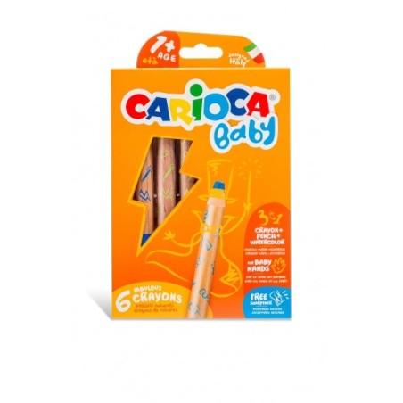 Carioca Baby 1+ Pacote 3 em 1 com 6 Lápis - Lápis de Cera e Aquarela em Um - Corpo Extra Grande - Aquarela - Apontador Incluído