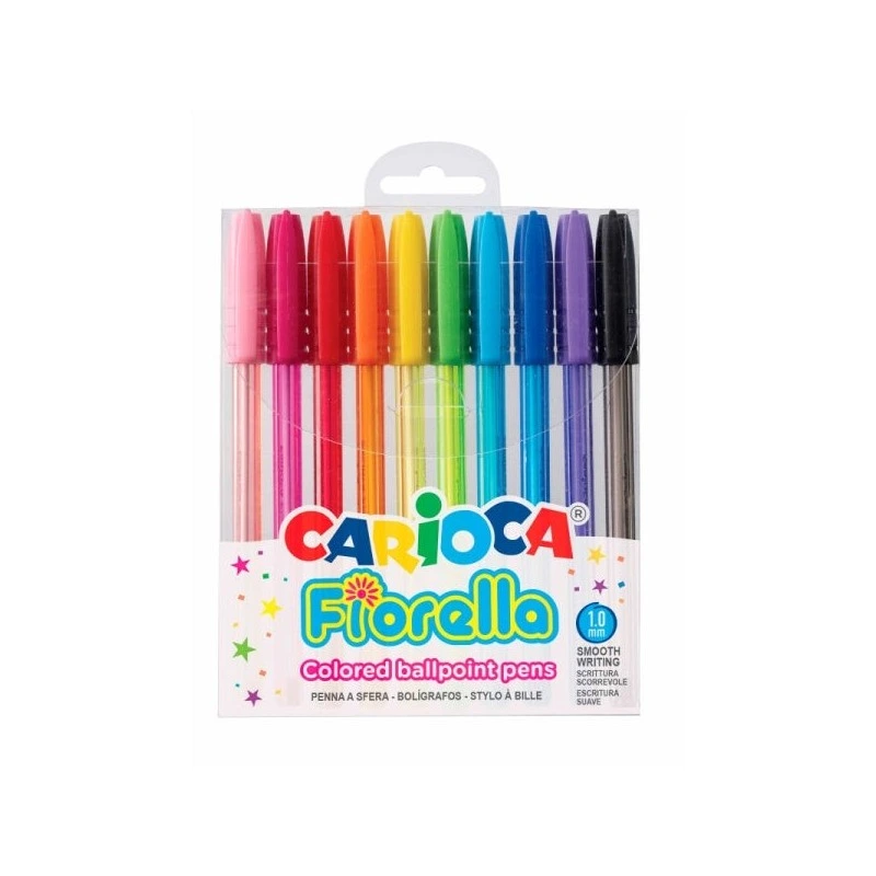 Carioca Fiorella Pack of 10 Coloured Gel Ink Pens - 1mm Ball Tip - Fluo Clear Barrel - Assorted Colours