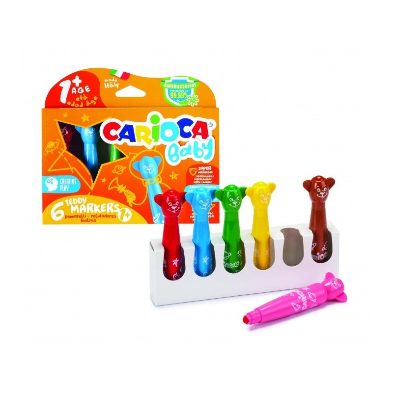 Carioca Baby Teddy Pack of 6 Felt Tip Pens - Extra Safe - Ergonomic Shape - Super Washable Ink - Dermatologically Tested