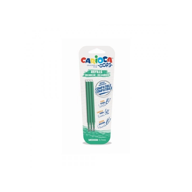 Carioca Oops Pack of 3 Refills for Erasable Pen - Thermosensitive Ink - 0.7mm Tip - Compatible with Oops Pen - Green