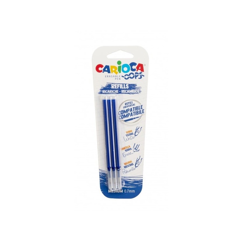 Carioca Oops Pack de 3 Recharges pour Stylo à Bille Effaçable - Encre Thermosensible - Pointe de 0.7mm - Couleur Bleu