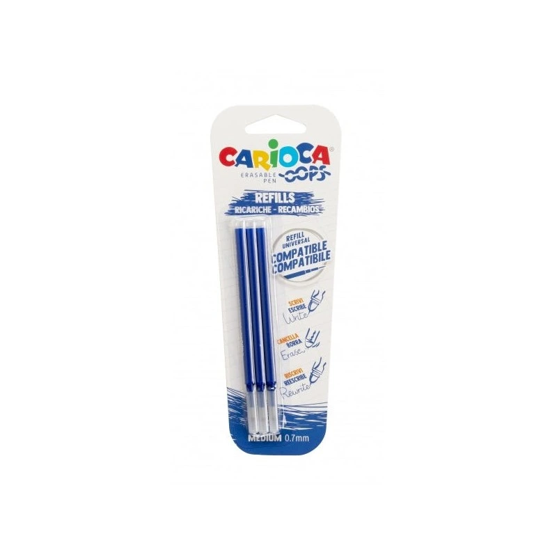 Carioca Oops Pack de 3 Recharges pour Stylo à Bille Effaçable - Encre Thermosensible - Pointe de 0.7mm - Couleur Bleu