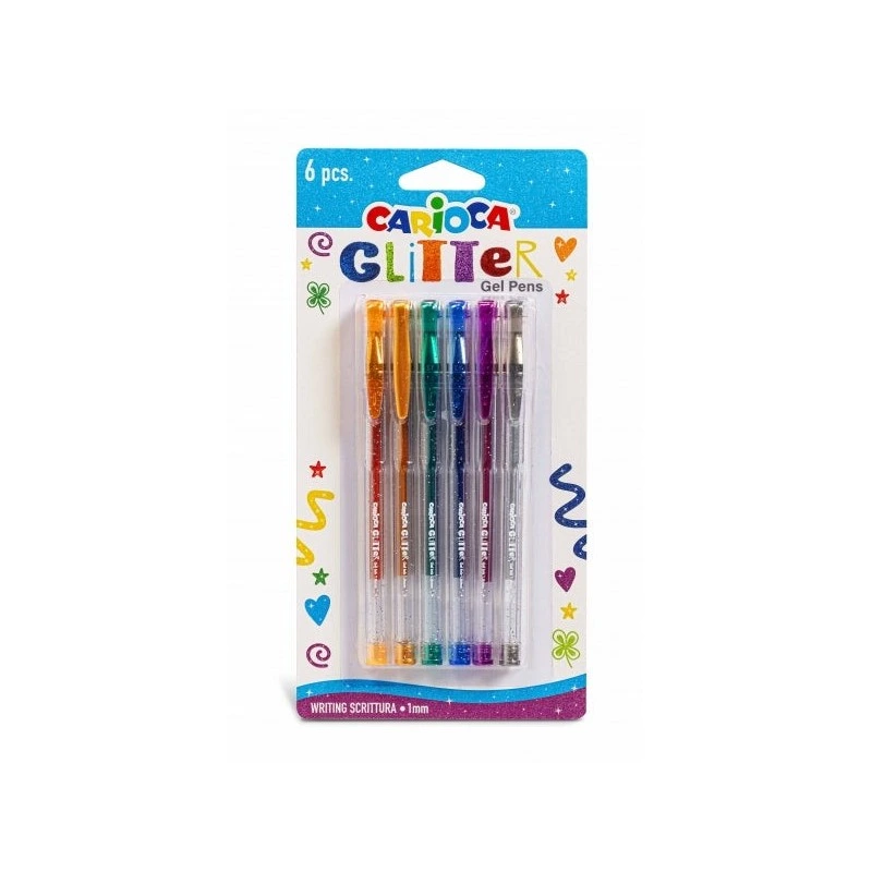 Carioca Glitter Gel Pack de 6 Boligrafos - Punta Ø 1mm - Tinta Gel Glitter - para Superficies Oscuras - Escritura Brillante y
