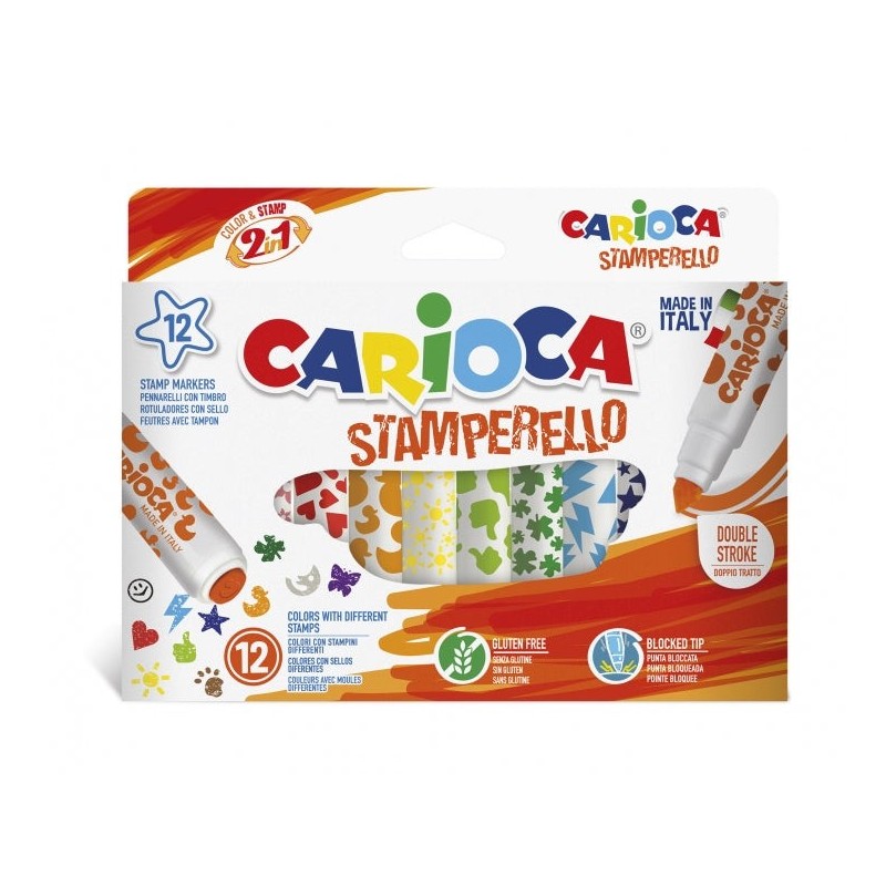 Carioca Stamperello Pack de 12 Marcadores de Ponta Dupla - Ponta Cónica - Ponta com Carimbos - Tinta Lavável - Cores Variadas