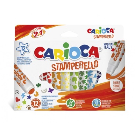 Carioca Stamperello Pack de 12 Marcadores de Ponta Dupla - Ponta Cónica - Ponta com Carimbos - Tinta Lavável - Cores Variadas